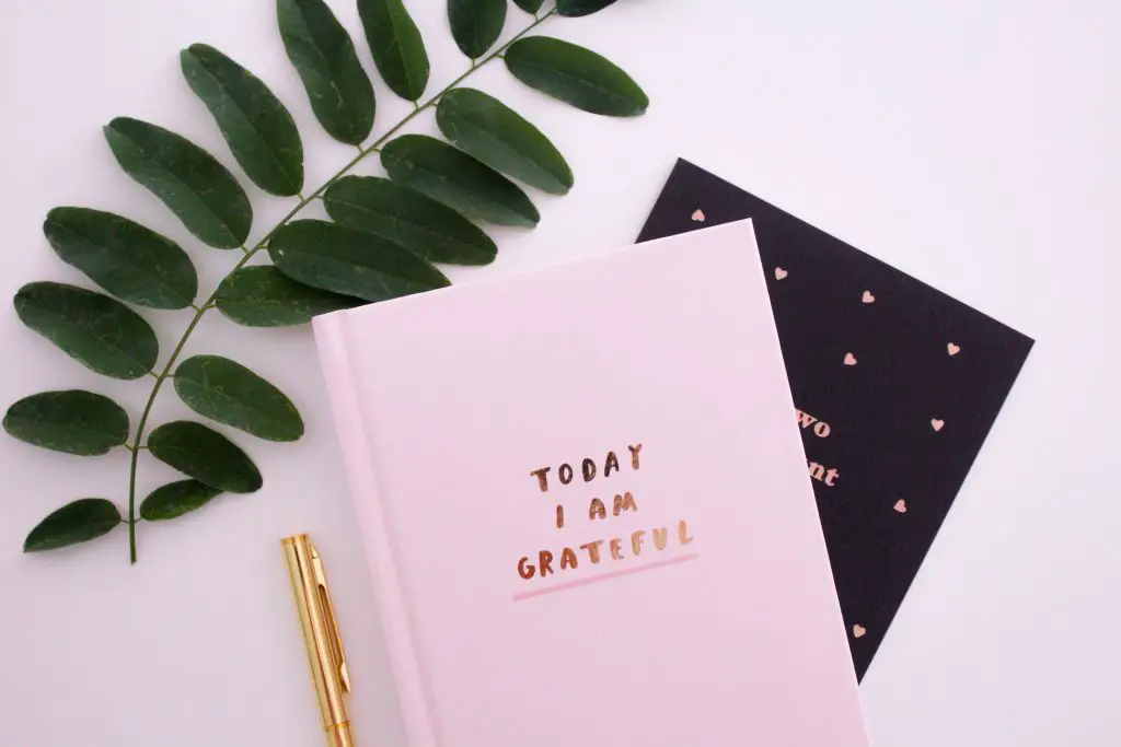 Today I am grateful notebook besides leaves and gold pen