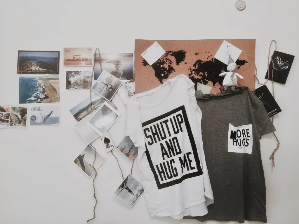 mood board with grey and white t-shirt hanging