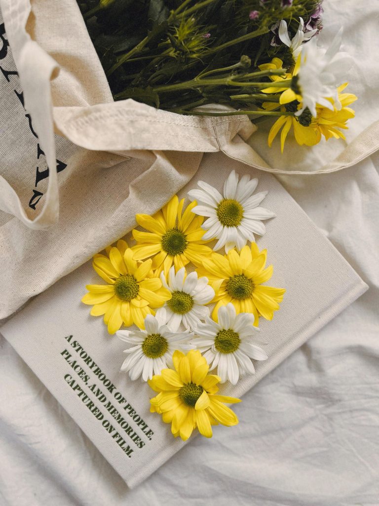 vintage tote bag with flowers and book