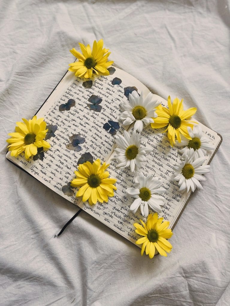 white book with daisies on top