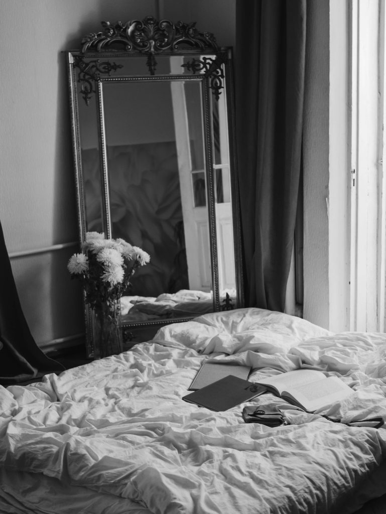 bed beside tallor metal frame mirror